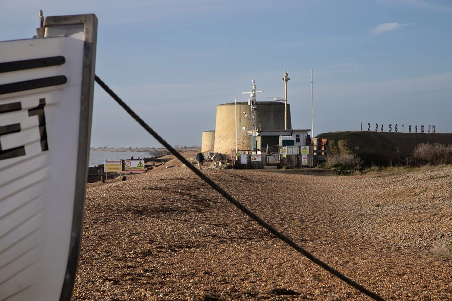 Fisherman's Beach with two Martello Towers in the background. Hythe, Kent