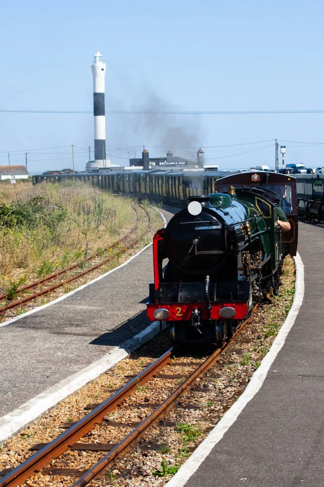RHDR train arriving at Dungeness Station, Kent