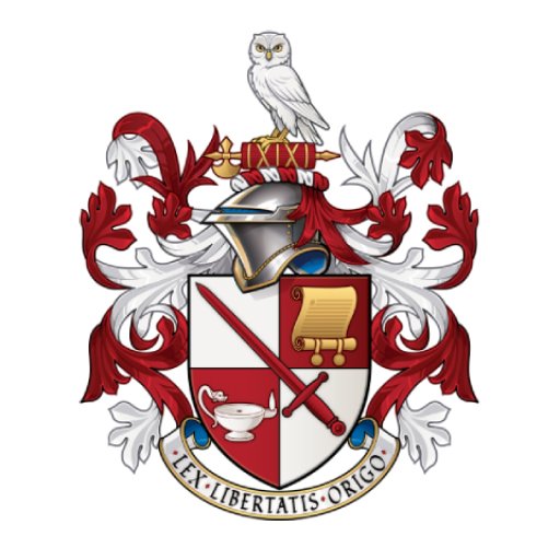 A family crest featuring a gray shield divided into four sections with a sword, scroll, bowl, and sword insignia. A white owl is perched on top of the crest, which is adorned with red and white decorative elements, a helmet, and a banner with Latin text "LEX LIBERTATIS ORIGO."
