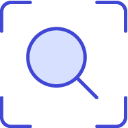 Magnifying glass icon within a square frame.