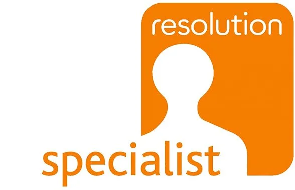 Logo with the word 'resolution' in white text on an orange background, and a white silhouette of a person, with the word 'specialist' in orange text below.