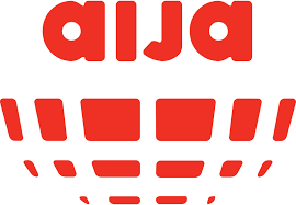 Red and white logo with the letters 'aija' and a stylized cup or container shape underneath.