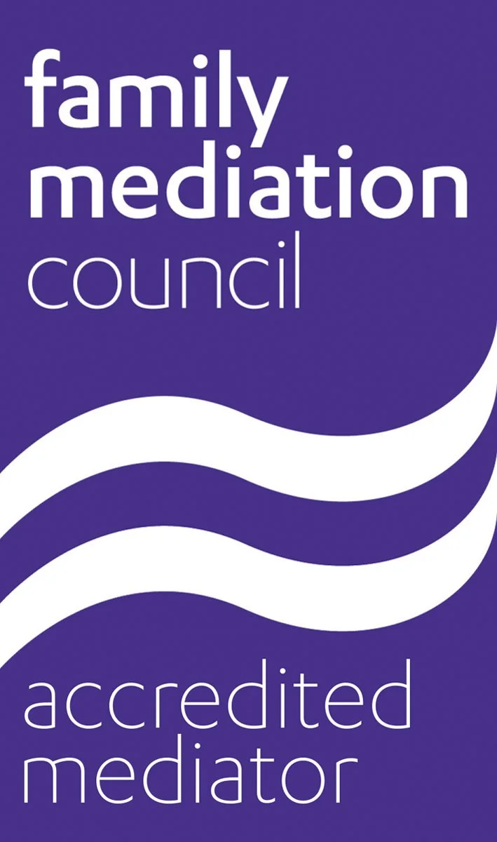 Purple background with white wavy lines and text that reads 'family mediation council' at the top and 'accredited mediator' at the bottom.