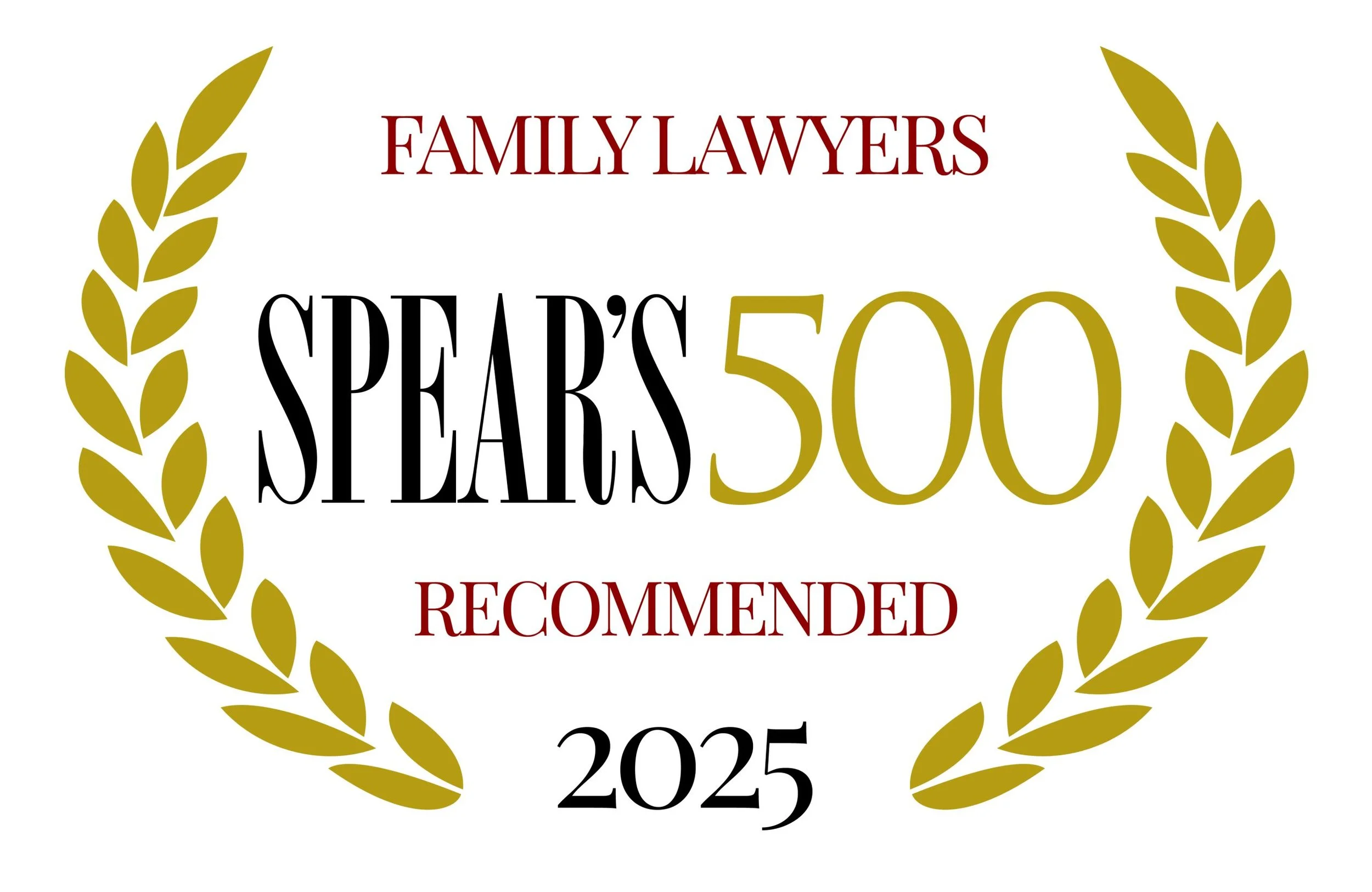 Award badge with a gold laurel wreath and text indicating recognition for family lawyers, Spears 500 recommended for 2025.