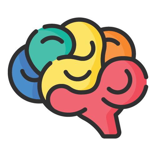 Colorful illustrated human brain with different regions in blue, green, yellow, orange, and red.