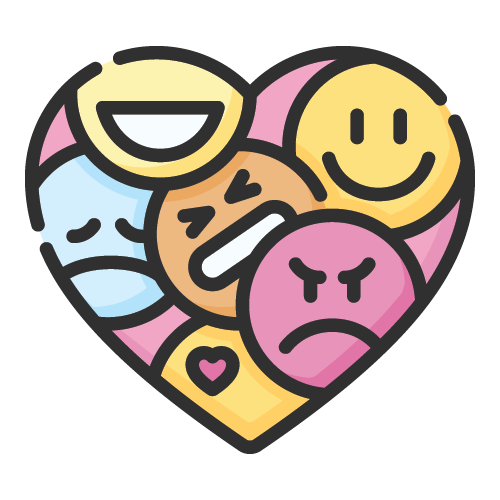 A heart-shaped arrangement of various colorful emoji faces showing different emotions such as happiness, sadness, anger, fear, disgust, and love.