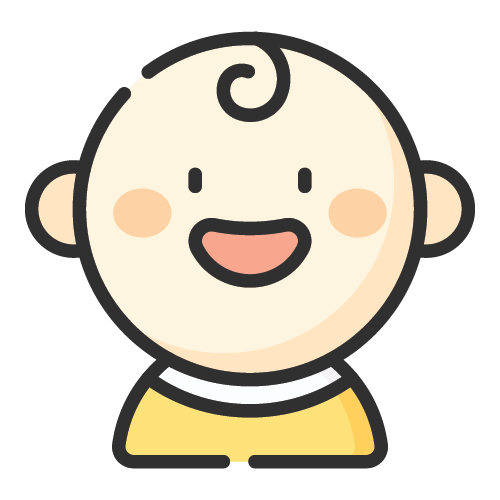 Cartoon illustration of a happy baby with a curl of hair, round face, and wearing a yellow shirt.