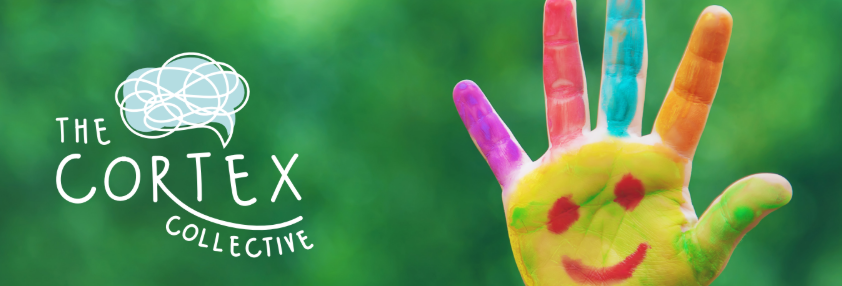 A colorful painted hand with a smiley face on the palm, set against a green blurred background. The logo for 'The Cortex Collective' is visible on the left.