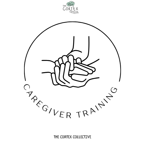 A graphic illustration of two hands gripping each other, surrounded by circular text that says "Caregiver Training" and above that, a logo that reads "The Cortex Collective."