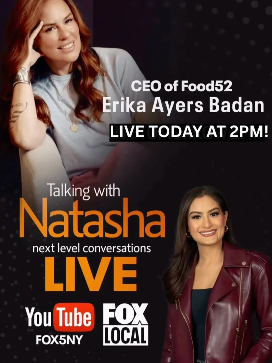 TODAY! ‼️Catch our fearless leader @erika live at 2PM for a Career Q&amp;A with @natasha_verma. ✨

Tune in locally in NY on FOX Local (@fox5ny) and live on YouTube! 🎤@talkingwithnatasha