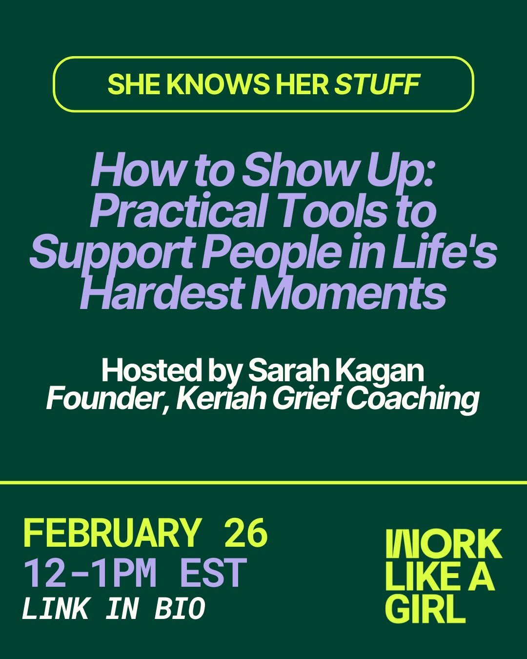 This Thursday: How to Show Up: Practical Tools to Support People in Life&rsquo;s Hardest Moments hosted by Sarah Kagan, Founder, Keriah Grief Coaching 💝

Supporting someone through a difficult time isn&rsquo;t always intuitive, and many people want 