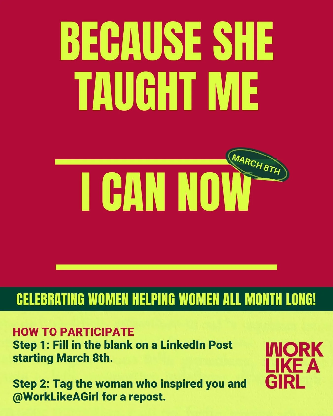 It&rsquo;s International Women&rsquo;s Day! 🫶 

This year, we&rsquo;re inviting the WLAG community to share one simple but powerful reflection on LinkedIn. 💬 

&ldquo;Because she taught me ________, I can now ________.&rdquo; 

Here&rsquo;s how to 