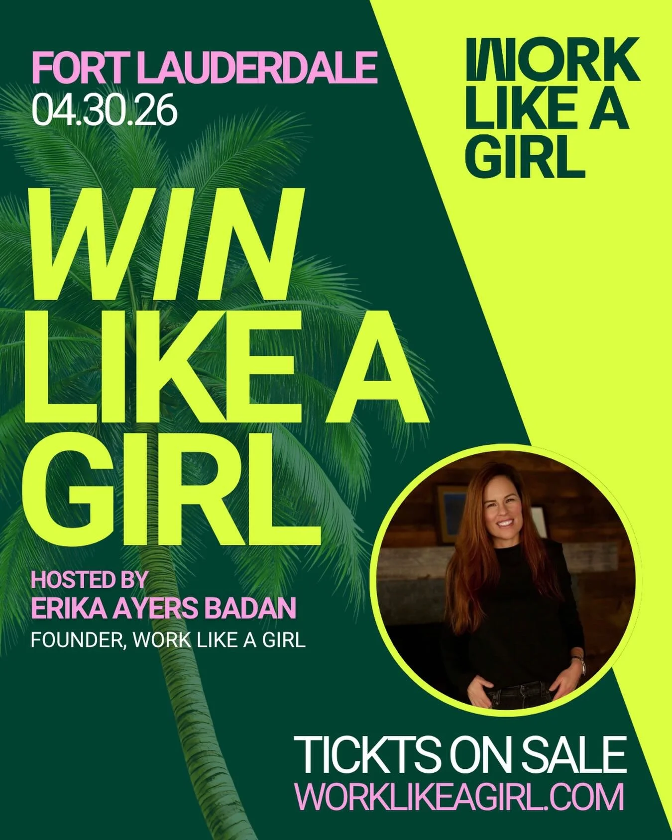 Miami + Ft. Lauderdale, tickets are ON SALE NOW! 🎟️

Too many career conversations focus on the highlight reel. This one doesn&rsquo;t. Join WLAG Founder &amp; former Barstool Sports CEO Erika Ayers Badan for Win Like A Girl on April 30th.

This eve