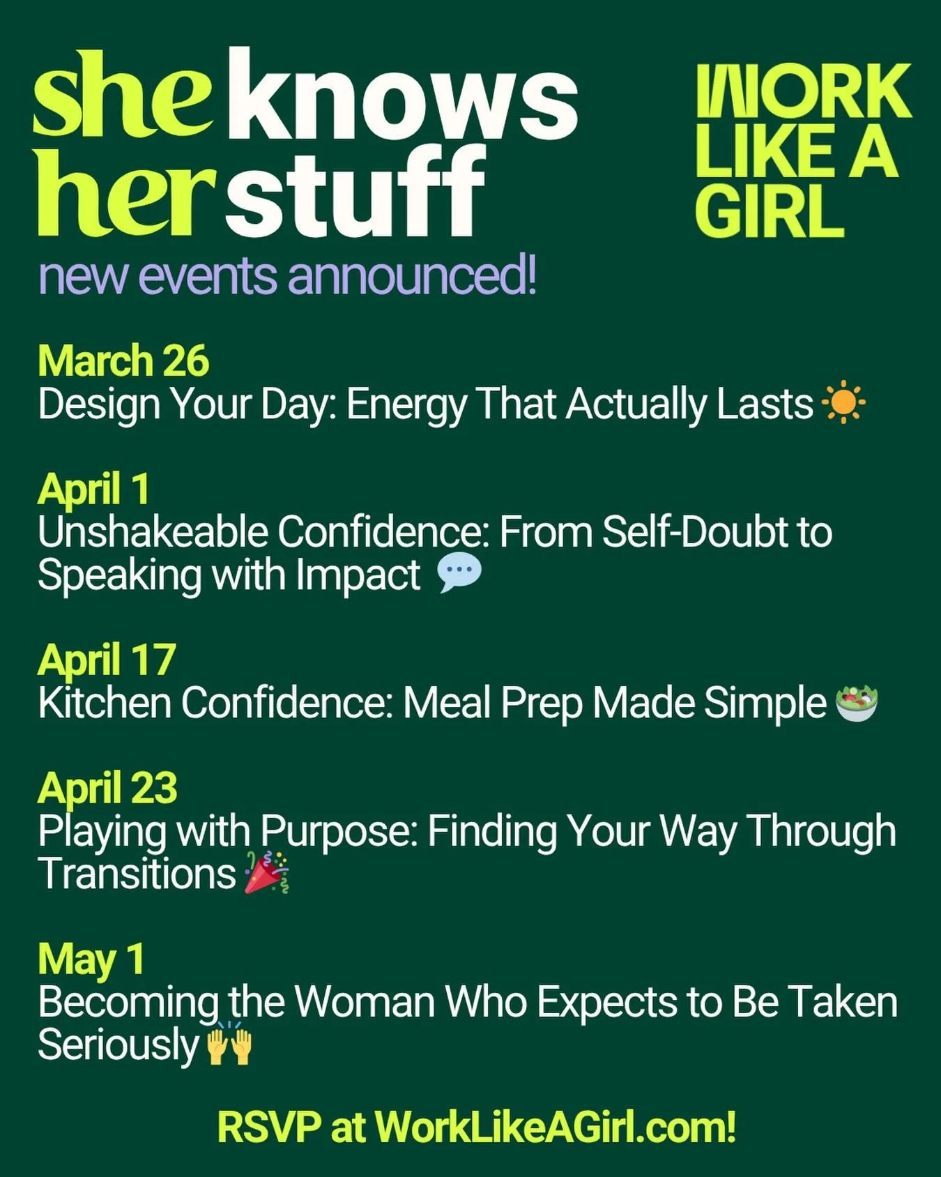 Round 3 of She Knows Her Stuff is LIVE 💥

From self-doubt to self-trust and meal prep to major life pivots, level up with us this spring in our free, community-led knowledge series.

Upcoming sessions:
 ☀️ March 26 &mdash; Design Your Day: Energy Th