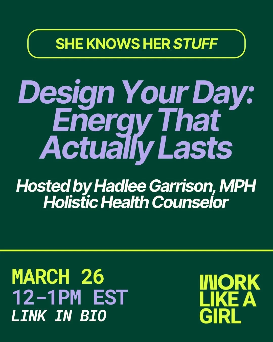 This Thursday: Design Your Day: Energy That Actually Lasts hosted by Hadlee Garrison, MPH, Holistic Health Counselor! 🔌

📝 Learn how different tasks impact energy differently&mdash; and how to design workdays that give more than they take
✨ Explore