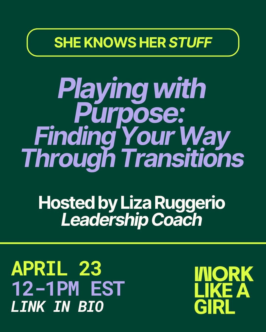 This Thursday. 🎯 What if finding your purpose didn&rsquo;t have to feel so heavy?

Playing with Purpose with leadership coach Liza Ruggerio is your permission slip to stop grinding through transitions &mdash; and start playing through them.

Join us
