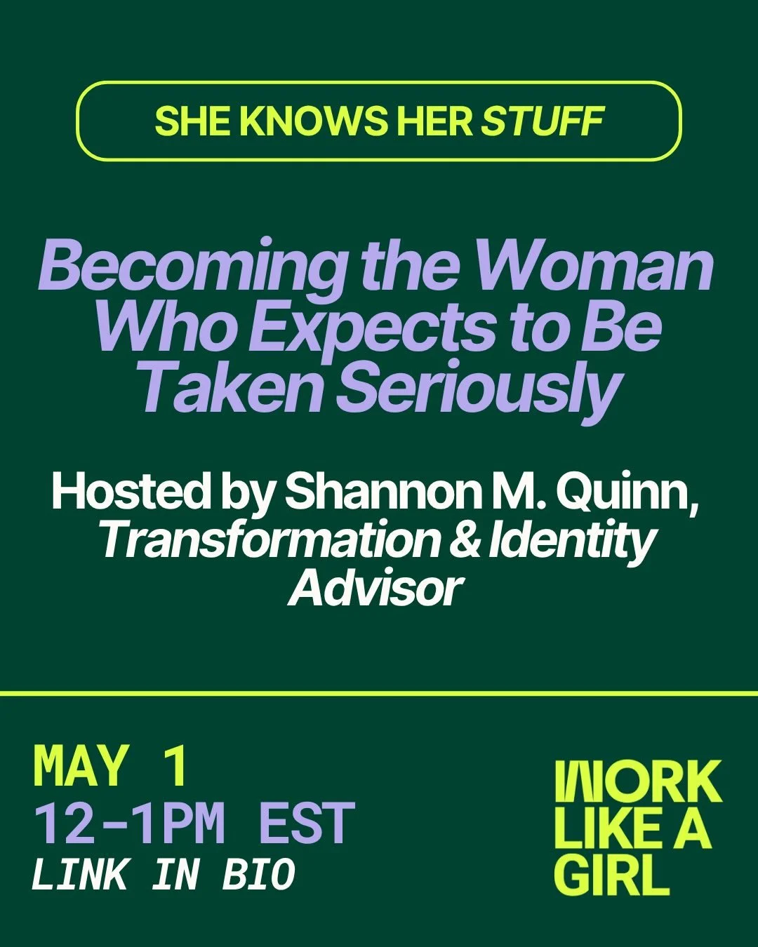 Tomorrow: The last She Knows Her Stuff before summer break. 🏖️

✨ Becoming the Woman Who Expects to Be Taken Seriously &mdash; hosted by Shannon M. Quinn, Transformation &amp; Identity Advisor.

So many capable, intelligent women walk into rooms alr