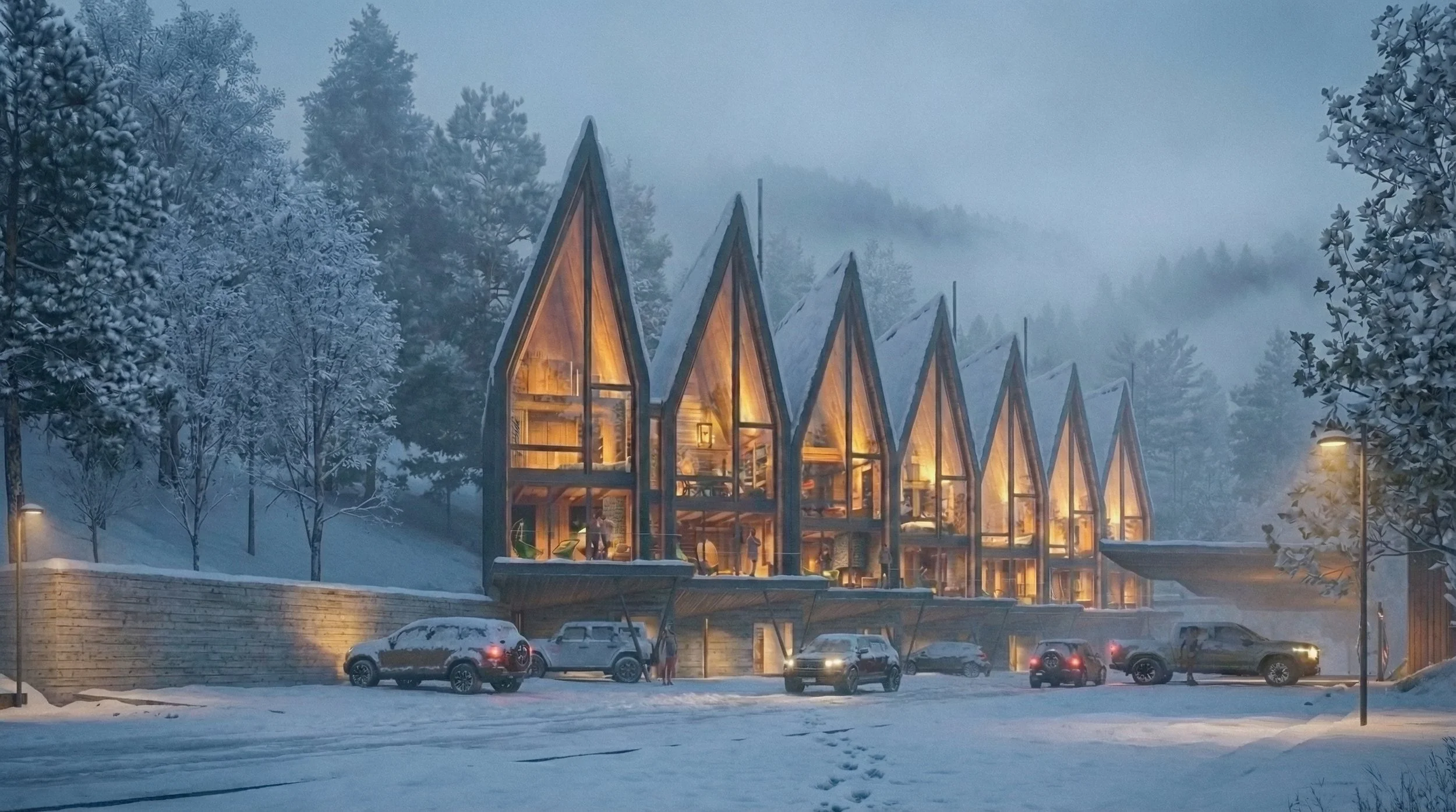 A modern building with a series of sharp, peaked rooflines, large glass windows, and interior lighting, set against a mountain background with fog and trees, and a parking area with several cars and people outside.