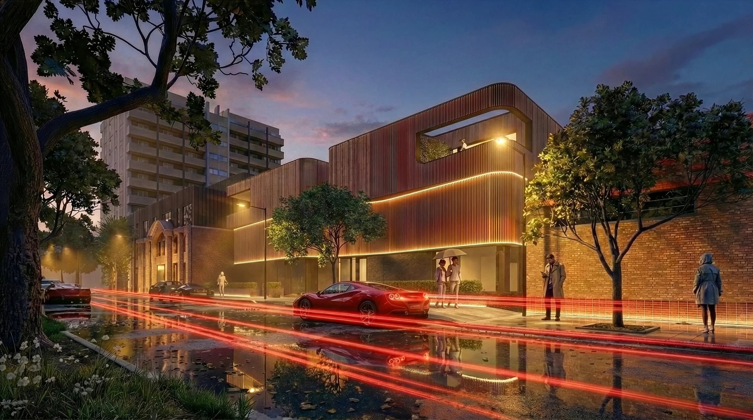 Modern three-story building with wooden slats and large windows, situated on a street with pedestrians and red sports cars passing by, trees casting shadows, and a cloudy sky overhead.