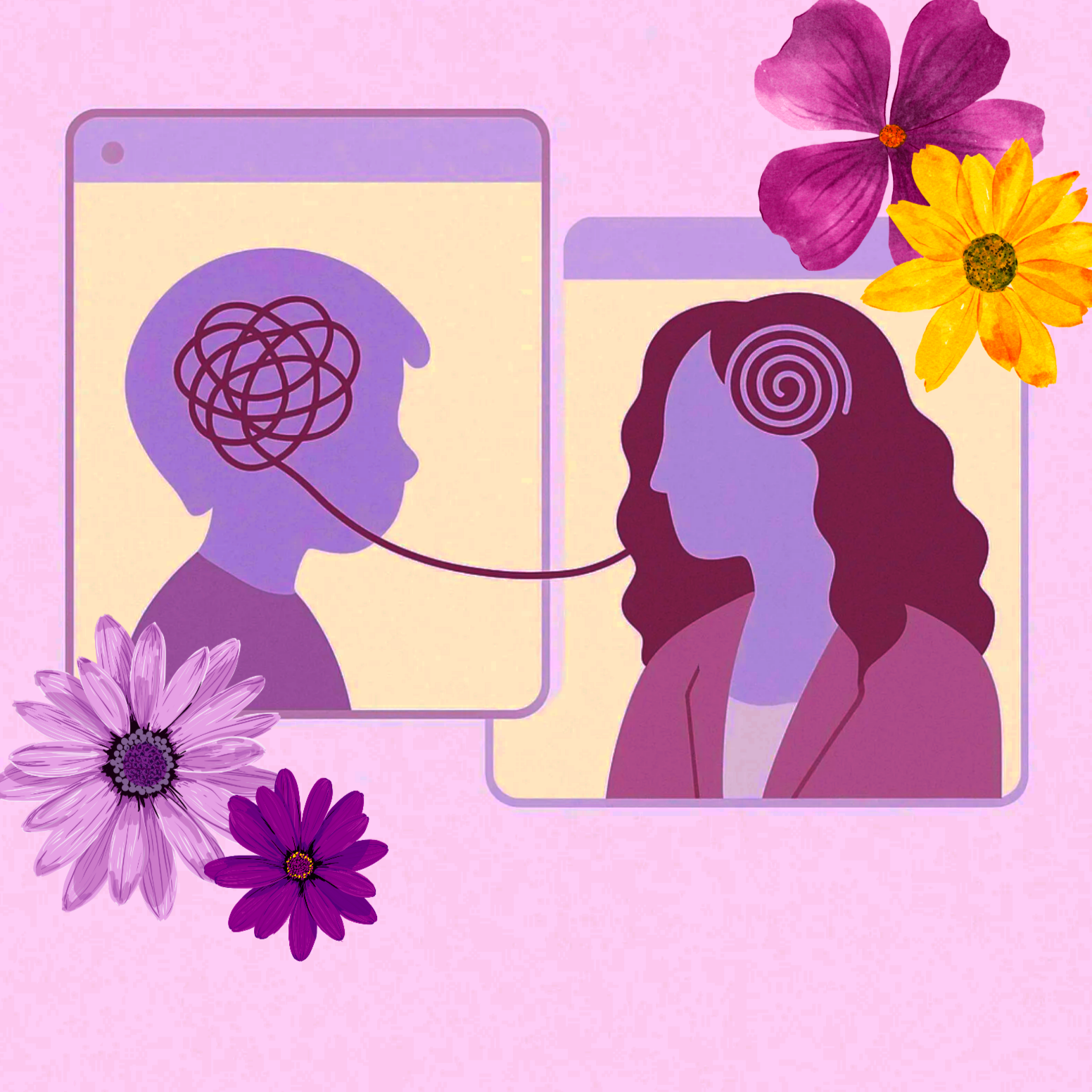 Digital illustration showing a boy and a woman in profile with a connection between their heads represented by a tangled line ending as a spiral in the girl's head, surrounded by colorful flowers on a pink background.