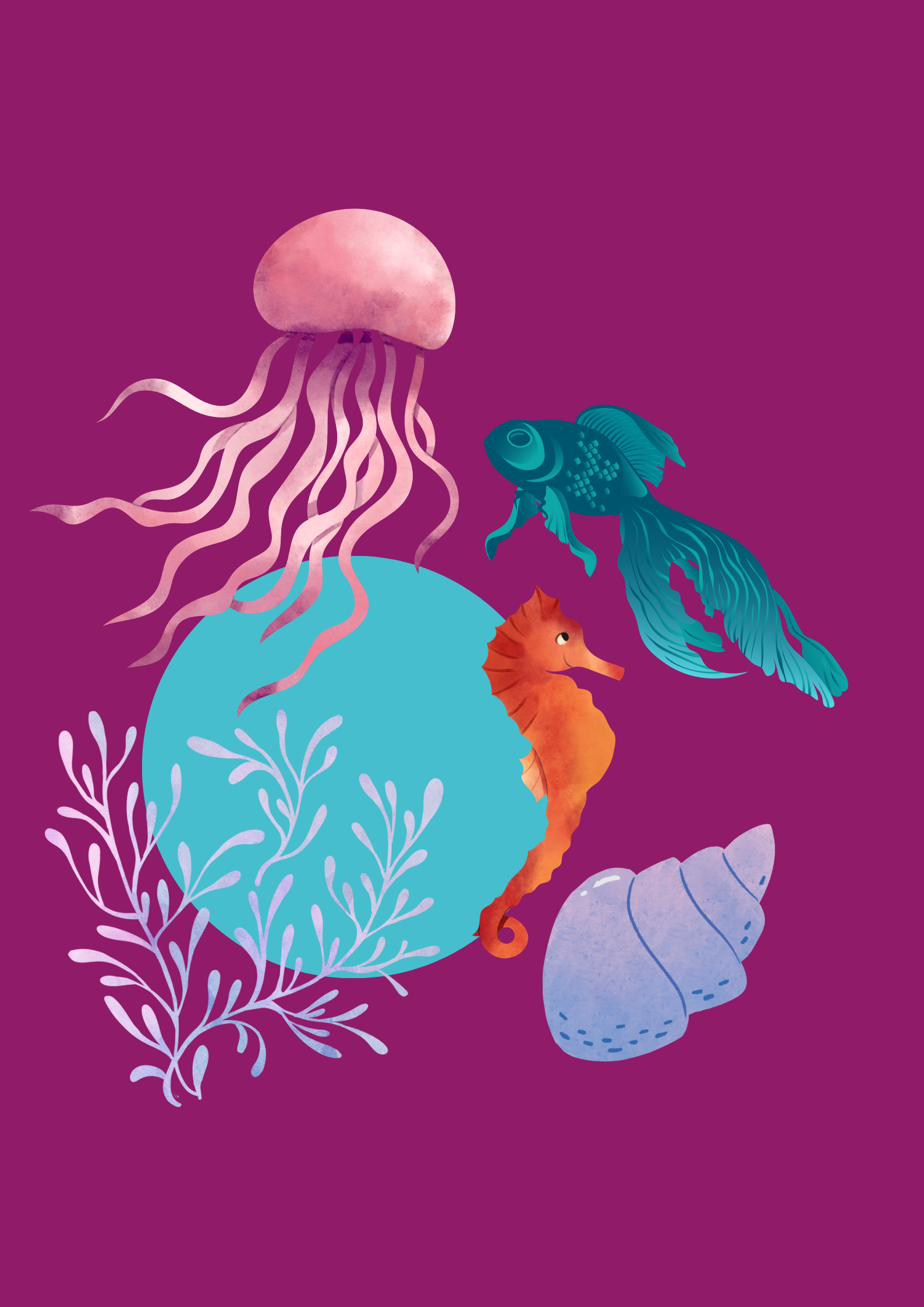 Εικονογράφιση με στοιχεία από τον ωκεανό, περιλαμβάνουν μια μέδουσα, ένα γαλάζιο koi ψάρι, έναν ιππόκαμπο, ένα κοχύλι και ανεμώνη σε μωβ φόντο