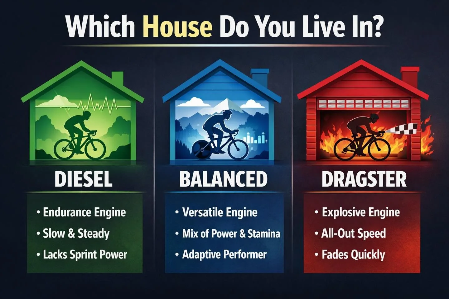 Which house do you race from? 

Two triathletes.
Same FTP.
Same goals.
Completely different engines.

Most triathletes train like they&rsquo;re all built the same.
They&rsquo;re not.

You live in one of these houses for each discipline and we need to