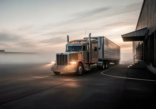 A semi-truck driving away from a warehouse at sunset.