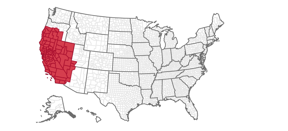 Map of the United States with the states of California, Oregon, and Washington highlighted in red.