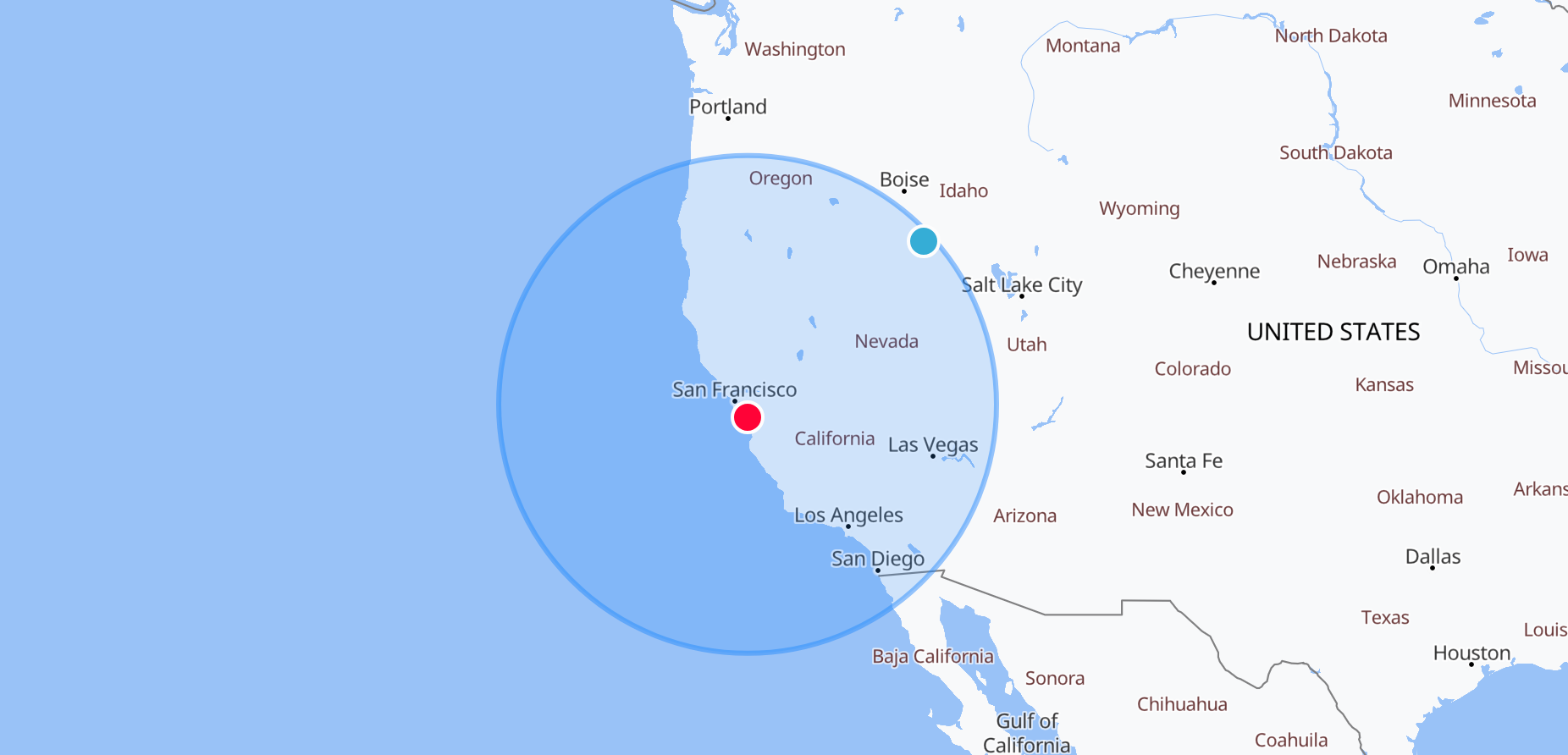 Map showing the San Francisco Bay Area with a red circle centered on San Francisco and a blue circle extending towards Boise, indicating a radius of 500 miles.