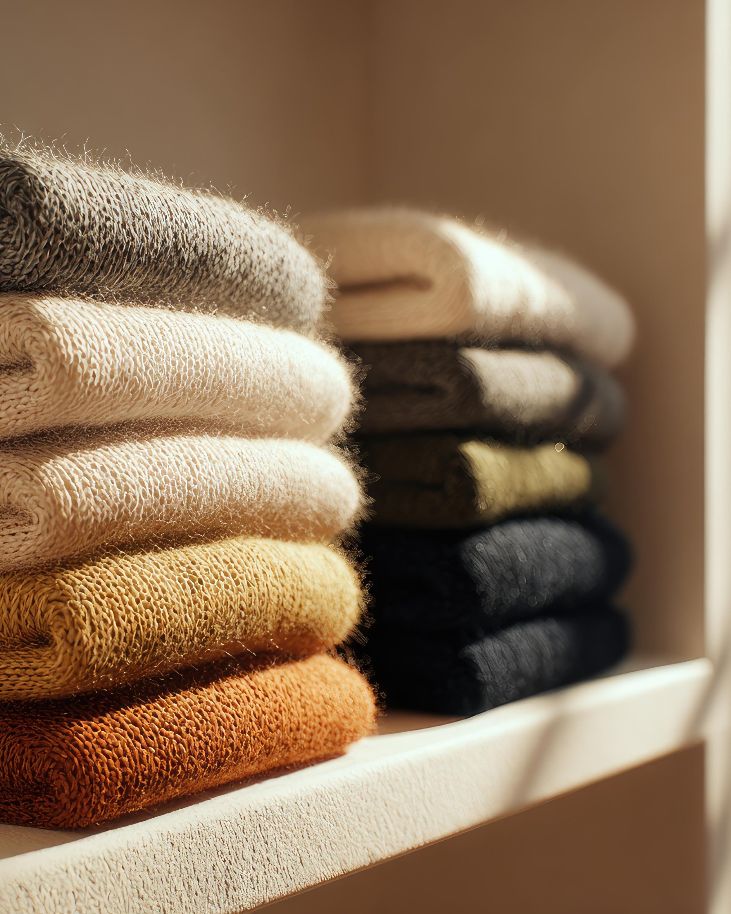 Neatly folded neutral sweaters on a shelf in a curated closet, organized by All Sorted in Boston.