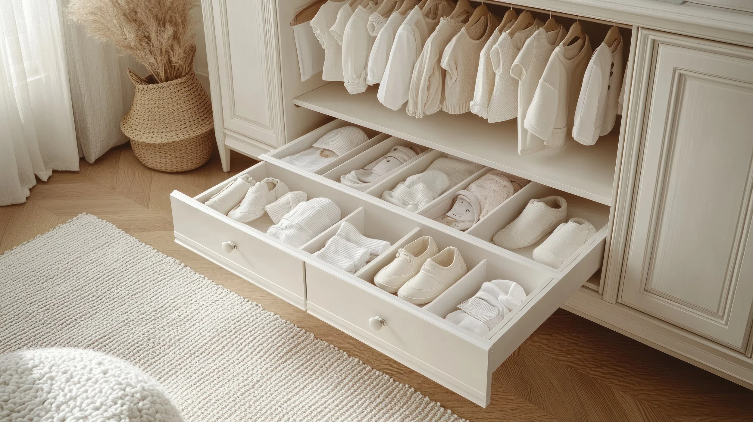 Neatly organized nursery dresser with baby clothes and shoes arranged in divided drawers beneath a hanging rack of neutral infant clothing.