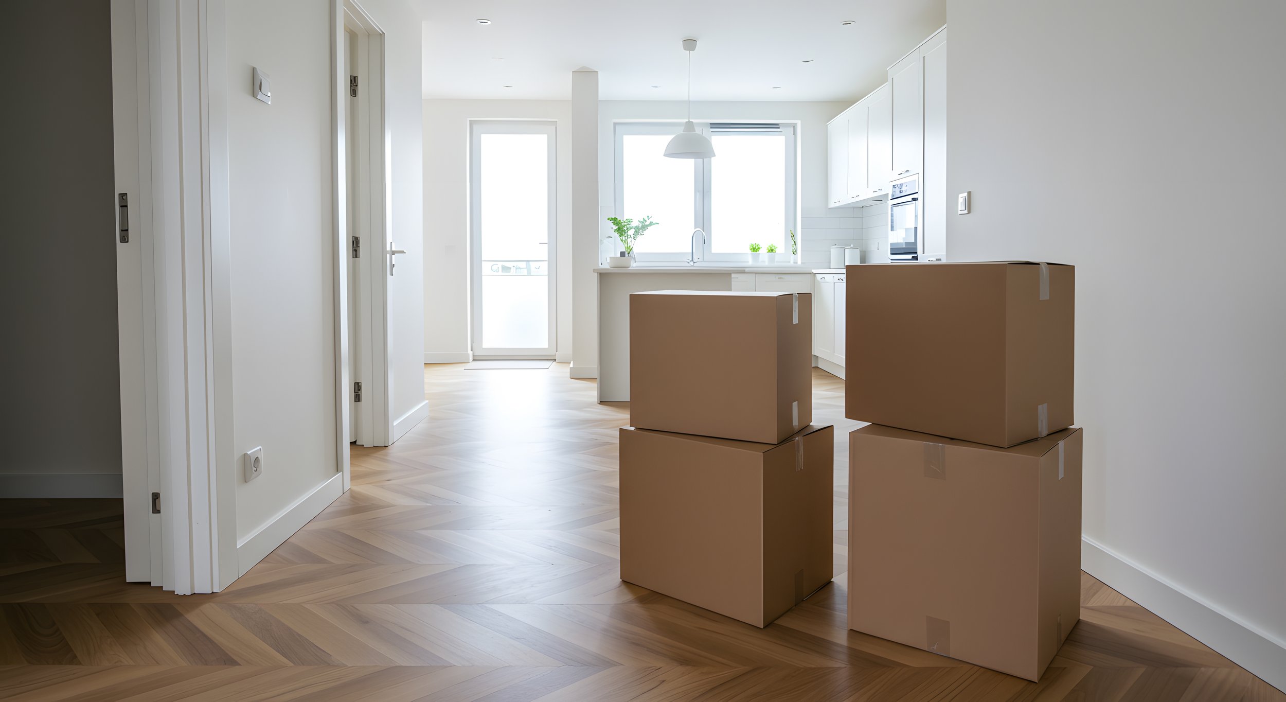 Cardboard moving boxes stacked in a bright, empty home during a move.