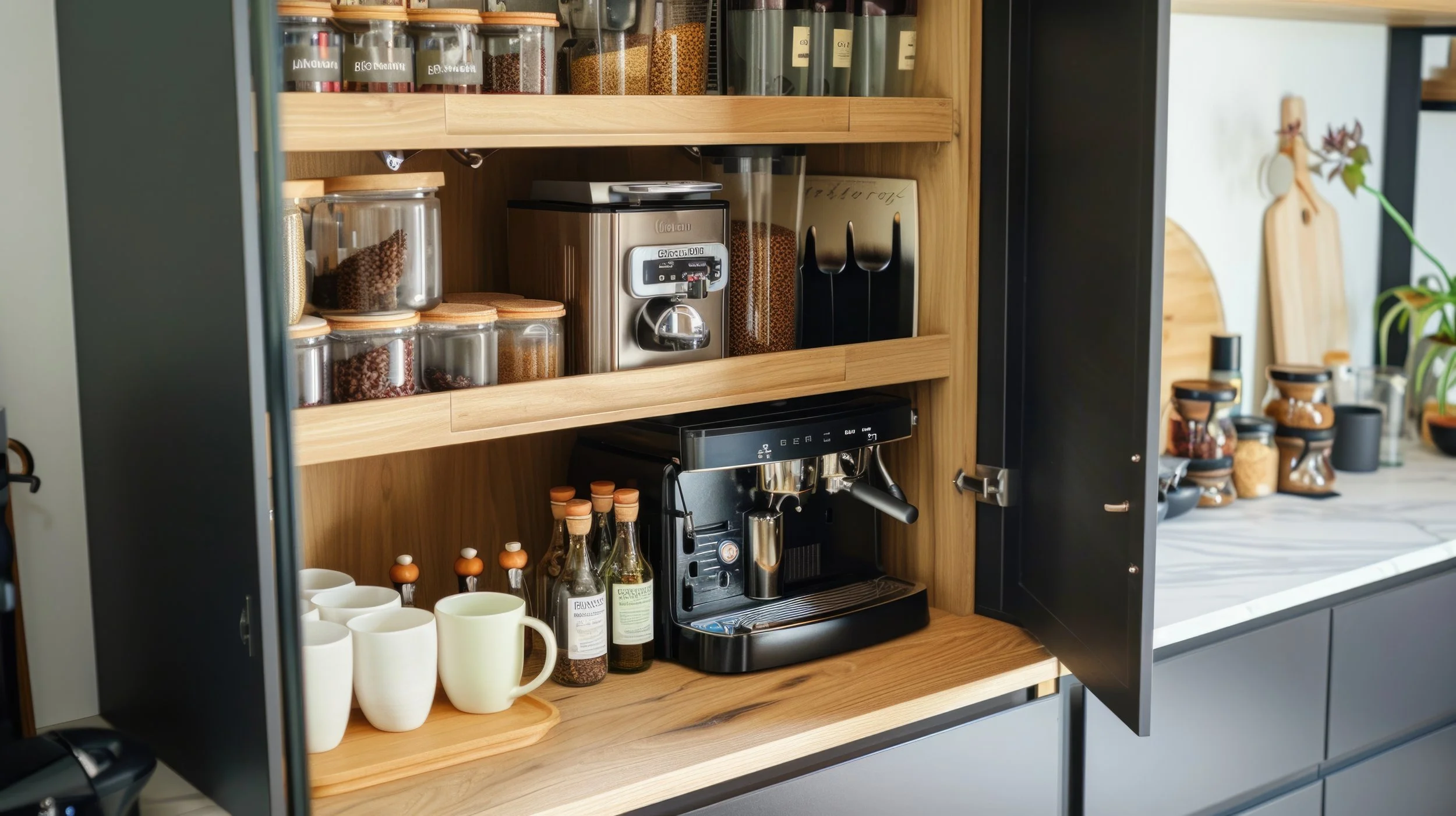 Organized coffee bar cabinet with labeled jars, mugs, oils, and an espresso machine styled by All Sorted.