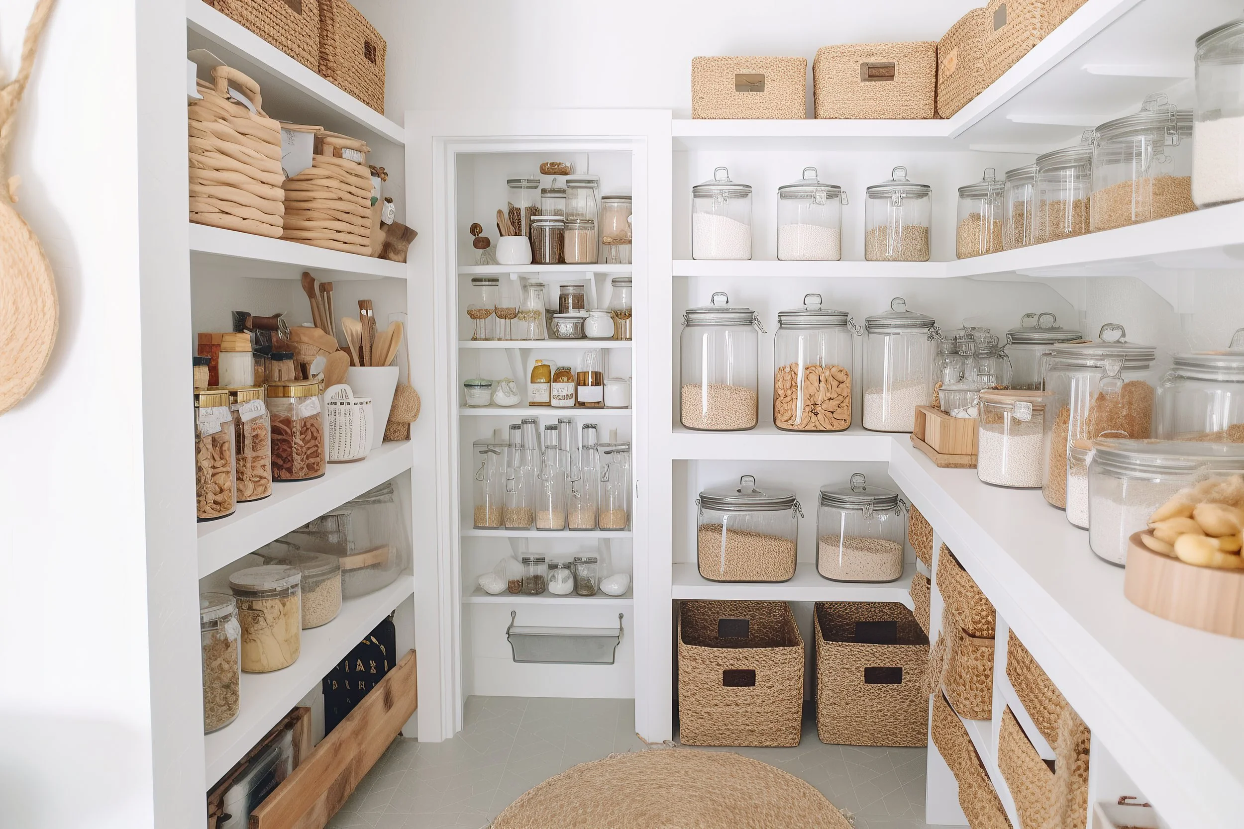 Organized walk-in pantry with labeled jars, woven baskets, and neatly styled shelves in a bright, modern home.