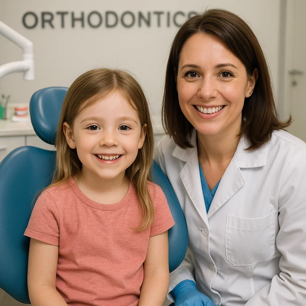 A young girl sitting in a dental chair next to a smiling female dentist in a medical office with