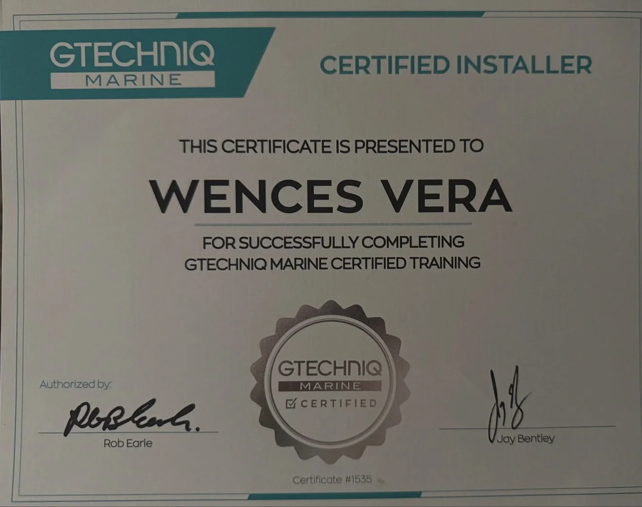Gtechniq Marine Certified Installer certificate awarded to Wences Vera