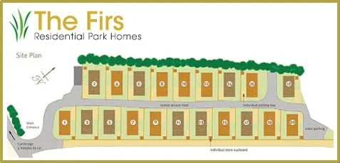 Site plan for The Firs Residential Park Homes, showing individual homes, roads, landscaping, and amenities.