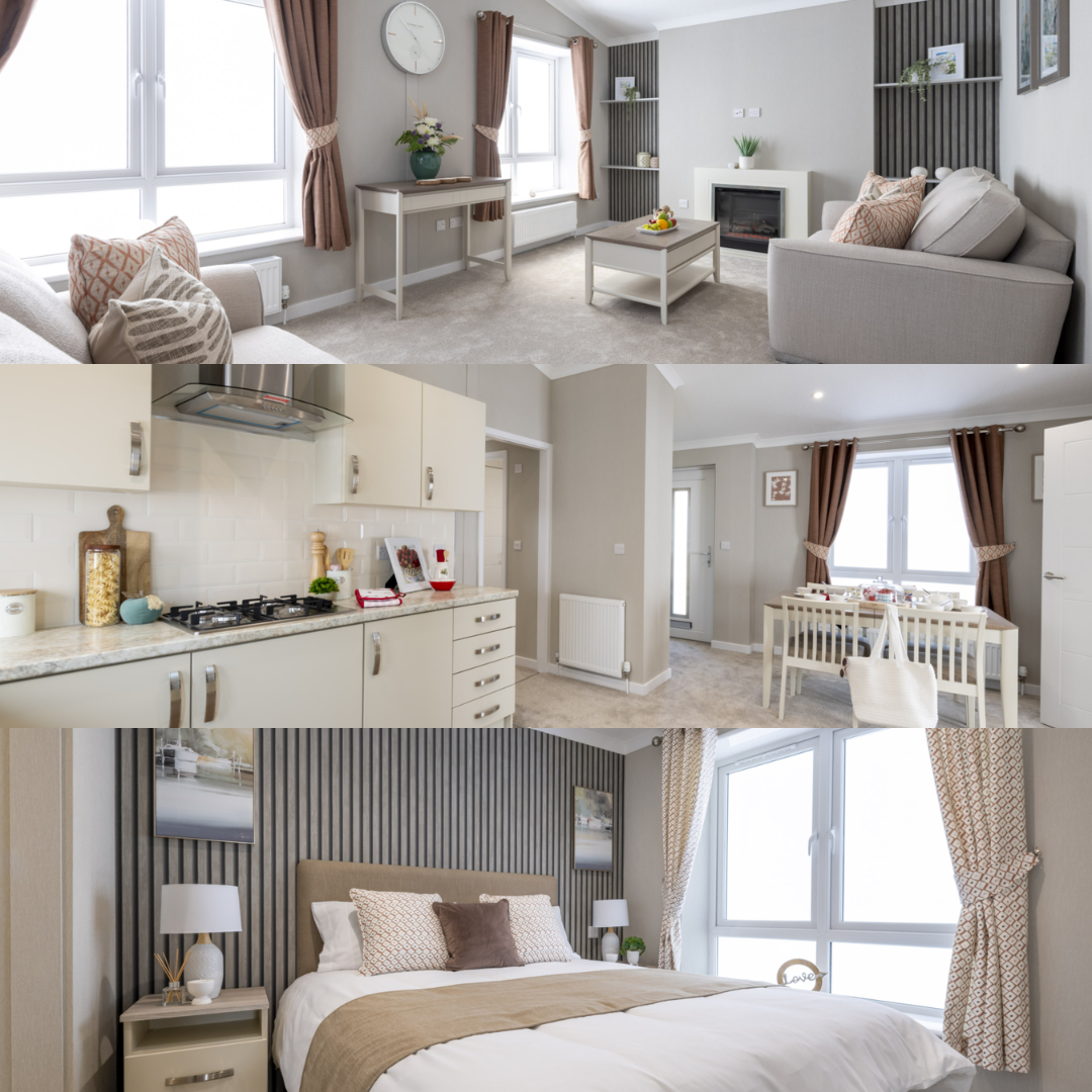 Three images of a modern home interior, including a living room with sofas and a fireplace, a kitchen with white cabinets and appliances, and a bedroom with a bed and large windows.