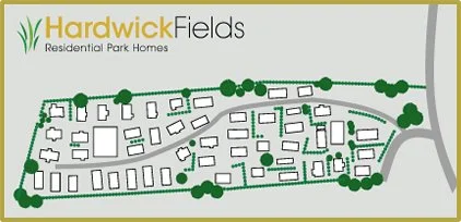 Map of Hardwick Fields residential community with streets, houses, and green trees.