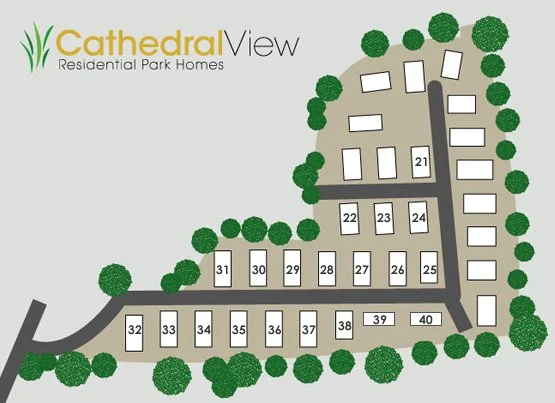 Site map of Cathedral View Residential Park Homes with numbered plots 21 to 40, green trees surrounding the area, and roads connecting the plots.