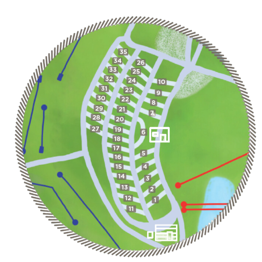 A campground map showing numbered campsites, a pond, and marked locations for amenities.