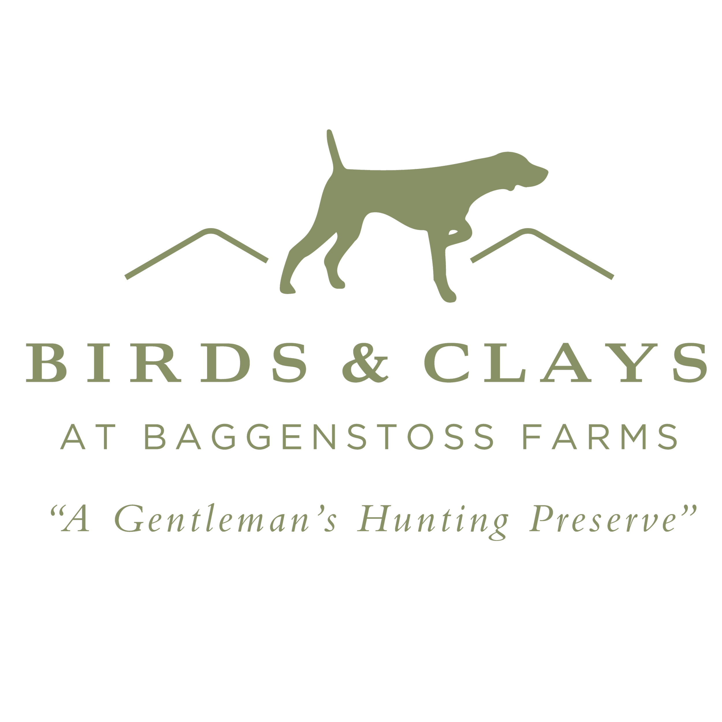 Black logo with green silhouette of a dog standing on a mountain range, with the words 'Birds & Clays at BagginsToss Farm' underneath, promoting a hunting preserve.