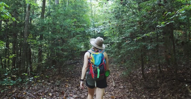 Person with a hat and backpack hiking through a green, wooded forest trail.