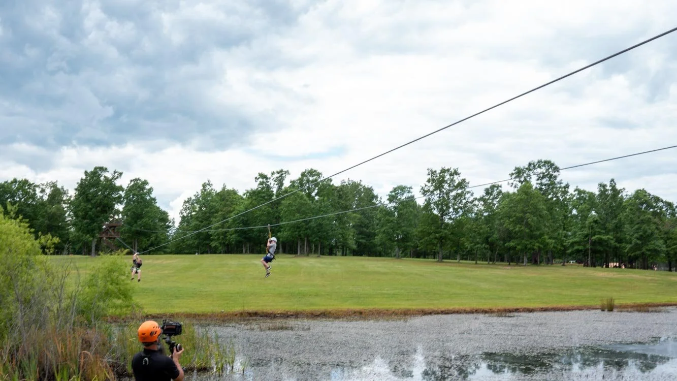 People on a zip line crossing over a pond with grassy area and trees in the background, and a person taking photos or videos with a camera, all under a partly cloudy sky.