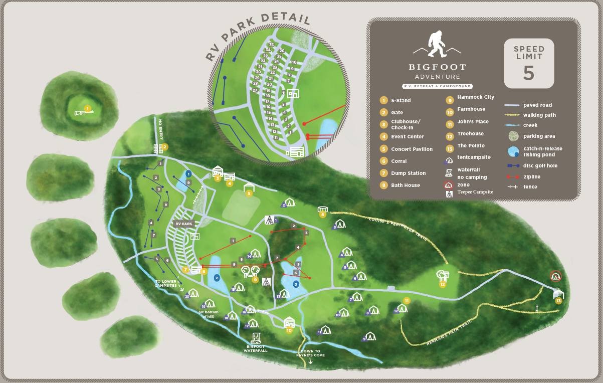 Bigfoot Adventure campground map with RV sites, teepees, trails, zipline, fishing, and waterfall in Tracy City, TN
