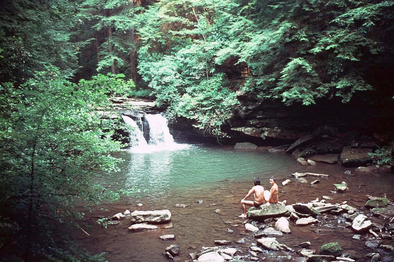 Two men sitting on rocks by a creek in a forest, with a small waterfall in the background.