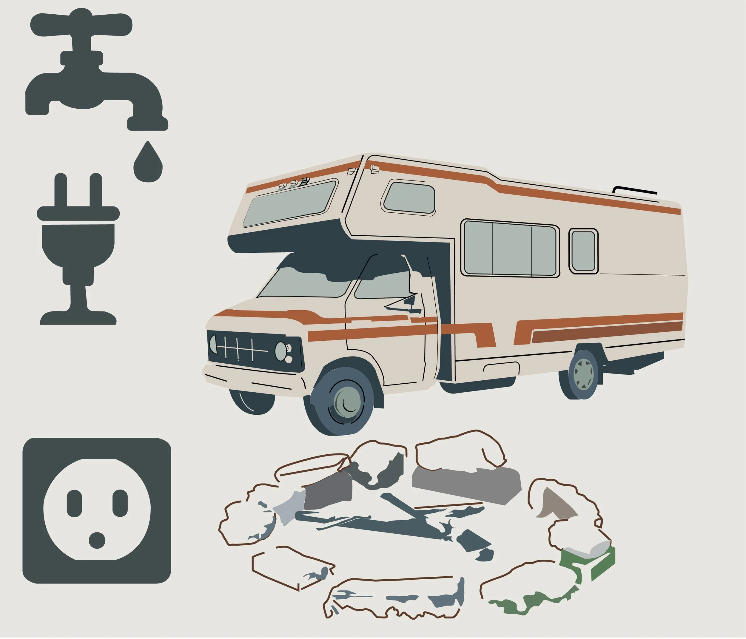 Illustration of a water faucet with water drop, an RV, a power outlet, a pile of rocks, and a small plant on a light gray background.