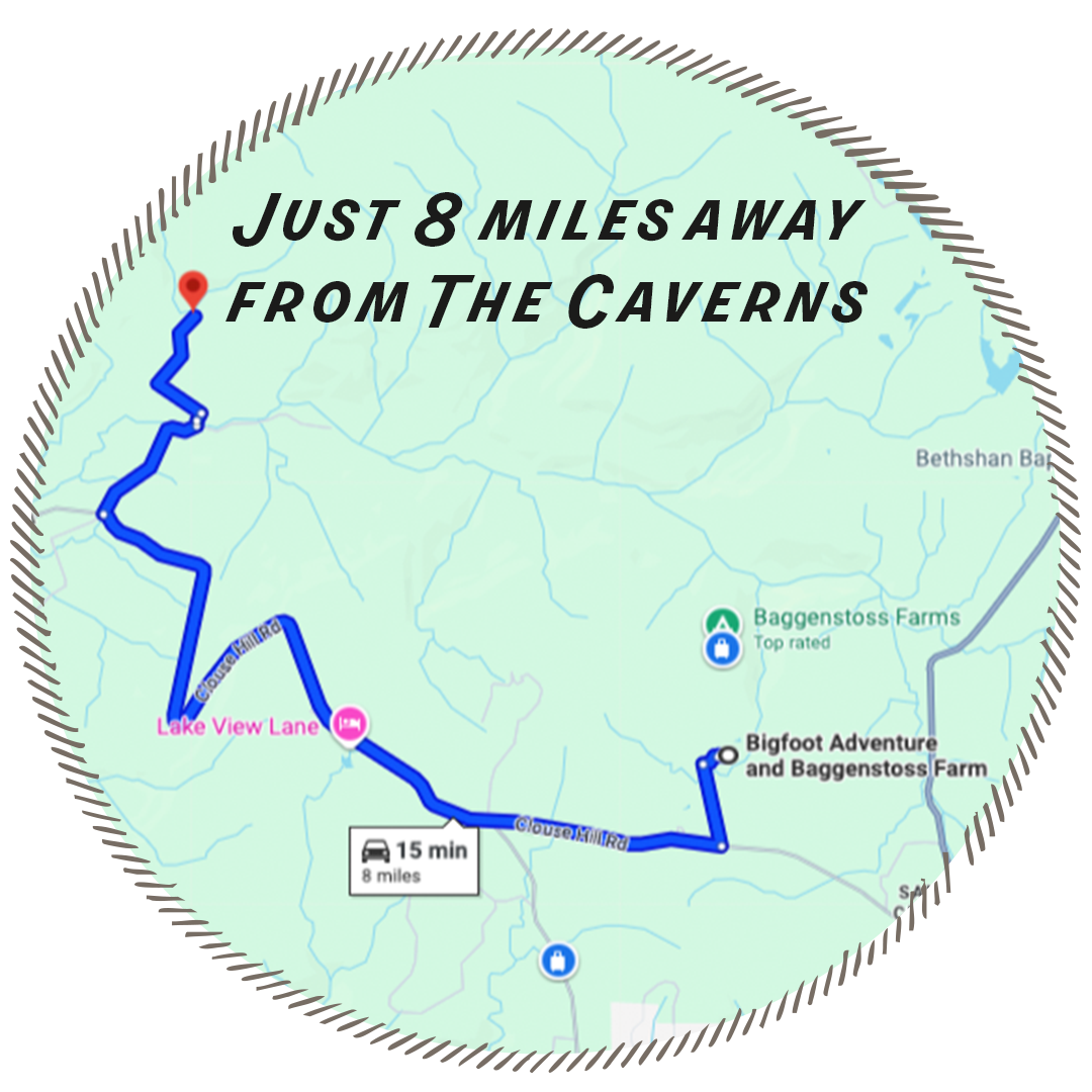 Map with route from Bigfoot Adventure and Baggenstoss Farm to Lake View Lane, showing it is just 8 miles away.