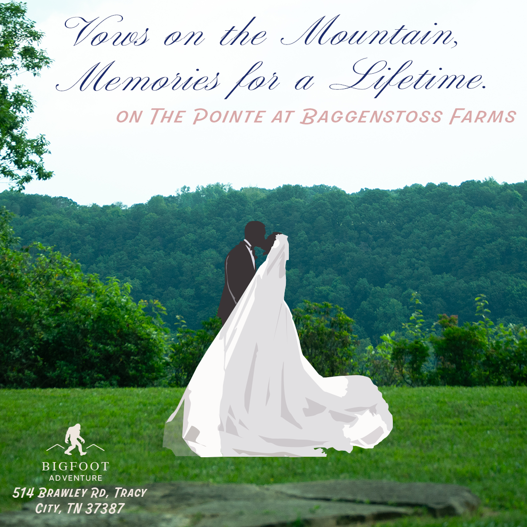 A poster for a wedding event featuring a silhouette of a couple kissing, with a green outdoor landscape and text about vows and memories at Baggensoss Farms.