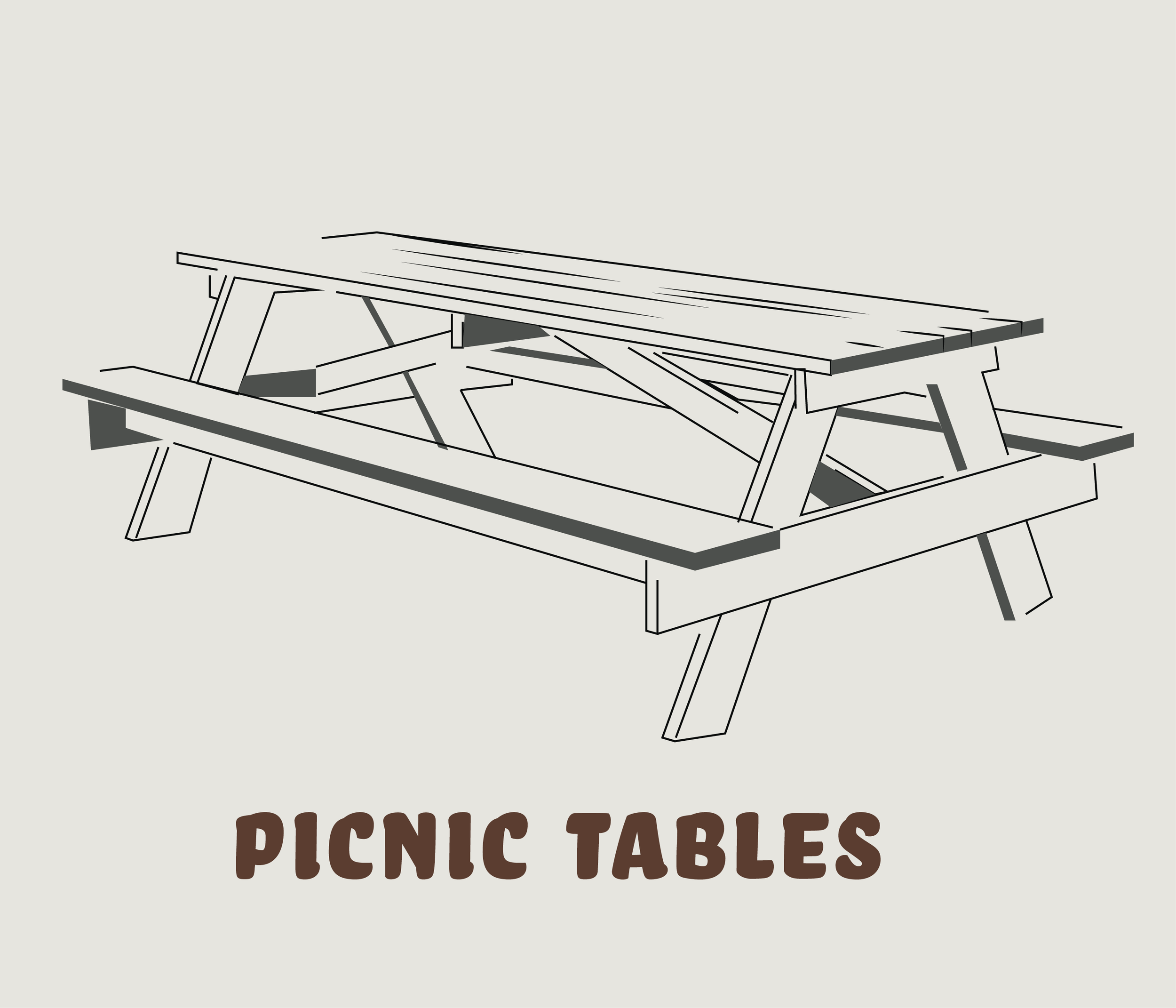 Illustration of a picnic table with the words "PICNIC TABLES" written below.
